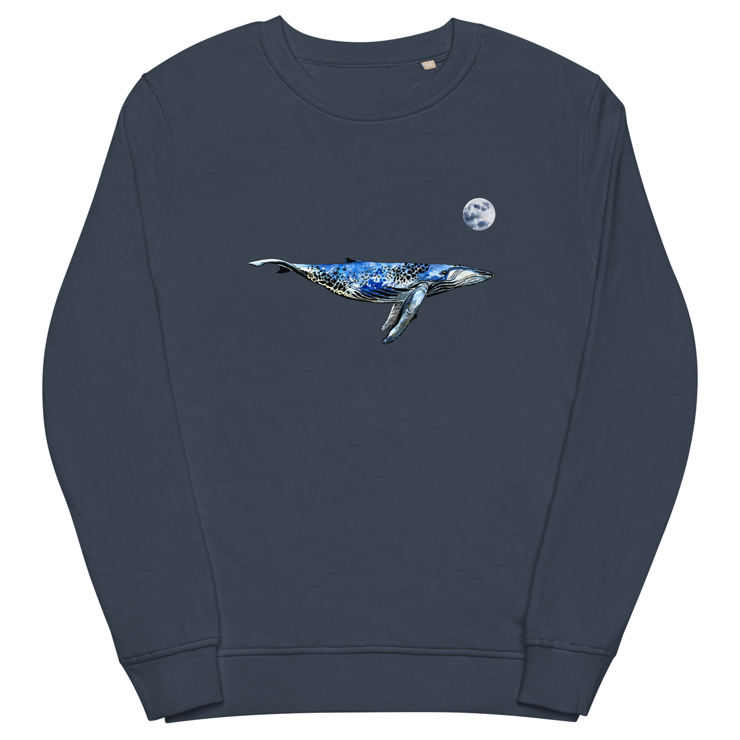 French Navy Organic Cotton Whale Sweatshirt showcasing a captivating Whale Under The Moon graphic on the chest - Cool Whale Graphic Sweatshirts - Boozy Fox