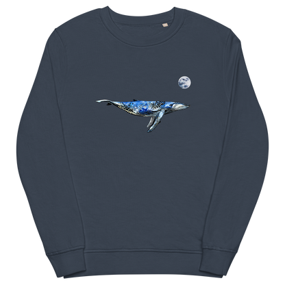 French Navy Organic Cotton Whale Sweatshirt showcasing a captivating Whale Under The Moon graphic on the chest - Cool Whale Graphic Sweatshirts - Boozy Fox