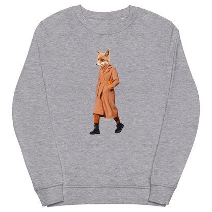 Grey Malange Organic Cotton Anthropomorphic Fox Sweatshirt showcasing a sly Anthropomorphic Fox In a Trench Coat graphic on the chest - Cool Anthropomorphic Fox Graphic Sweatshirts - Boozy Fox