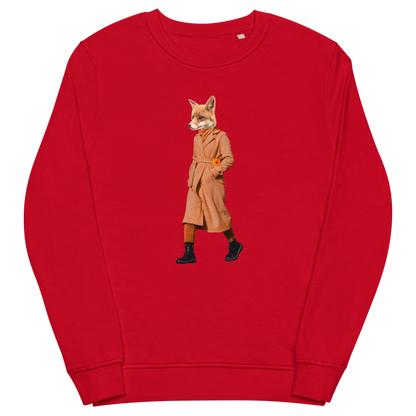 Red Organic Cotton Anthropomorphic Fox Sweatshirt showcasing a sly Anthropomorphic Fox In a Trench Coat graphic on the chest - Cool Anthropomorphic Fox Graphic Sweatshirts - Boozy Fox