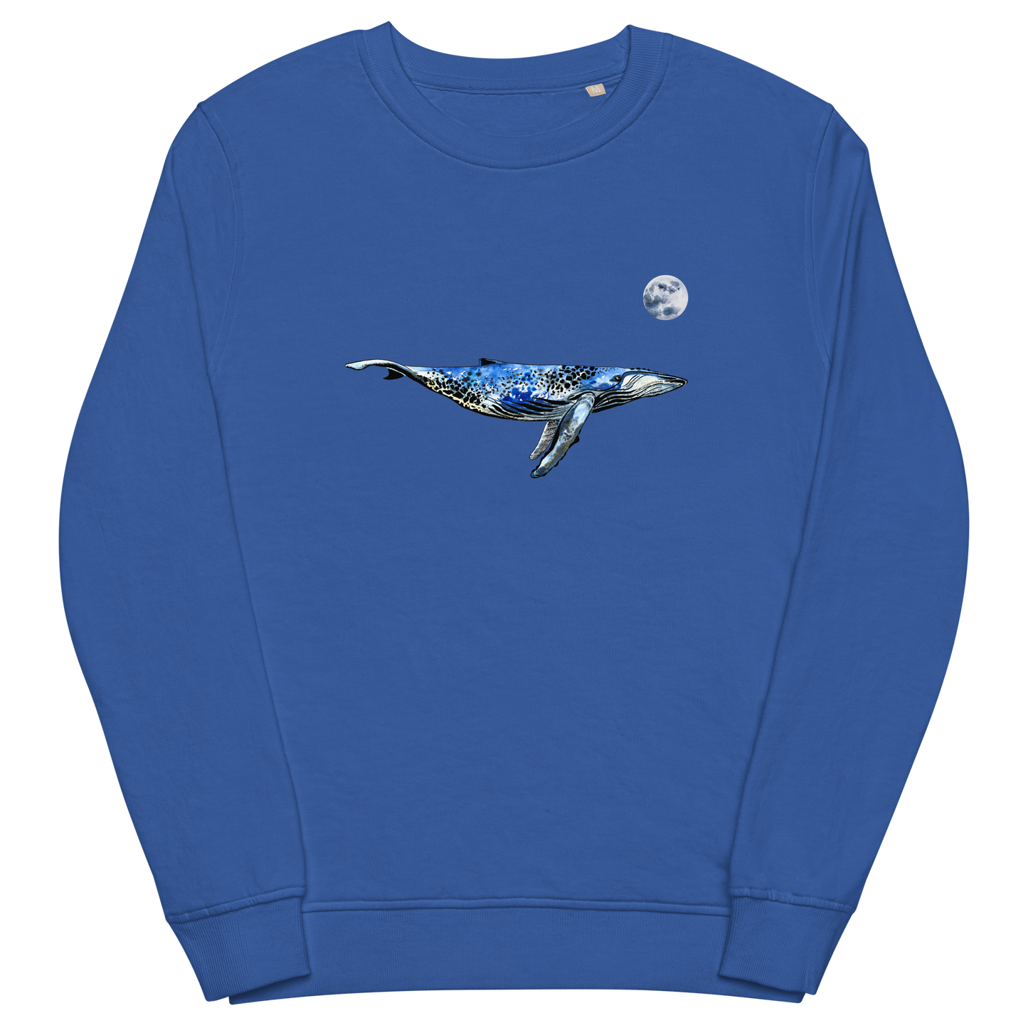 Royal Blue Organic Cotton Whale Sweatshirt showcasing a captivating Whale Under The Moon graphic on the chest - Cool Whale Graphic Sweatshirts - Boozy Fox