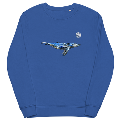 Royal Blue Organic Cotton Whale Sweatshirt showcasing a captivating Whale Under The Moon graphic on the chest - Cool Whale Graphic Sweatshirts - Boozy Fox