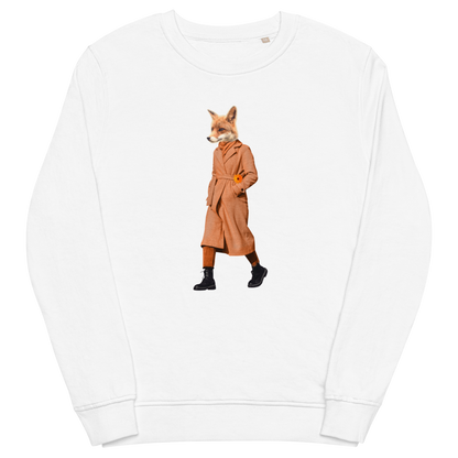 White Organic Cotton Anthropomorphic Fox Sweatshirt showcasing a sly Anthropomorphic Fox In a Trench Coat graphic on the chest - Cool Anthropomorphic Fox Graphic Sweatshirts - Boozy Fox