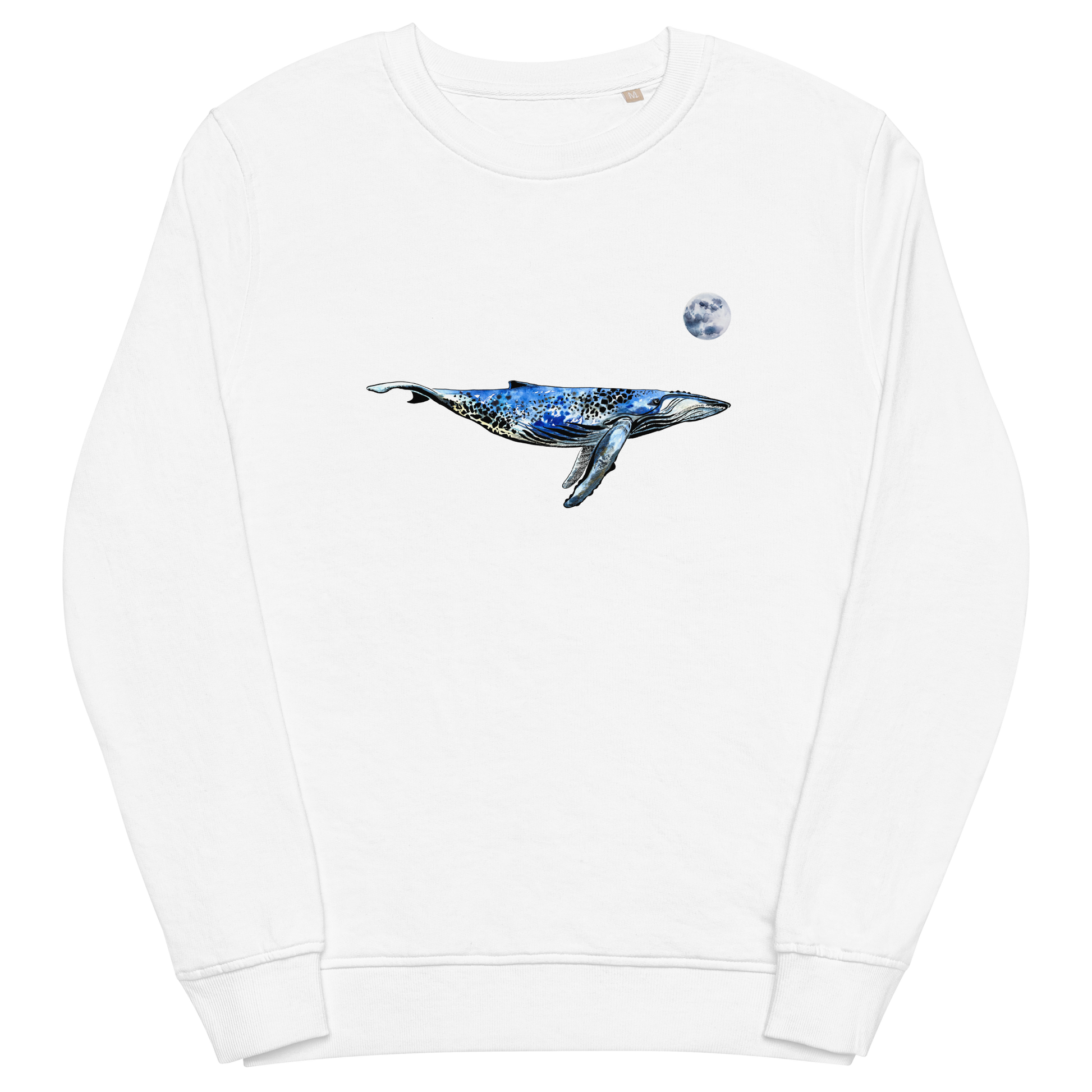 White Organic Cotton Whale Sweatshirt showcasing a captivating Whale Under The Moon graphic on the chest - Cool Whale Graphic Sweatshirts - Boozy Fox