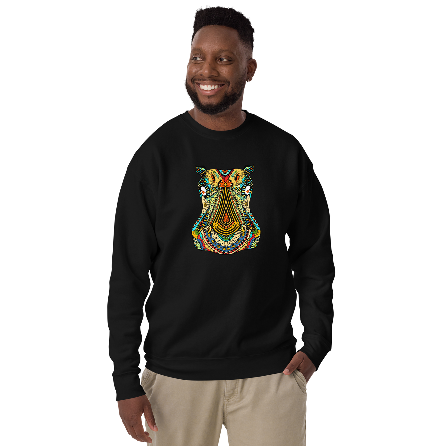 Smiling Man Wearing Black Zentangle Hippo Premium Sweatshirt - Boozy Fox