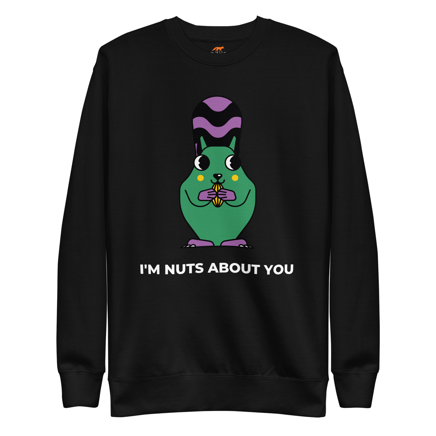 Black Premium Squirrel Sweatshirt featuring a hilarious I'm Nuts About You graphic on the chest - Funny Graphic Squirrel Sweatshirts - Boozy Fox