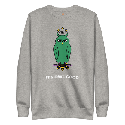 Carbon Grey Premium Owl Sweatshirt featuring a hootin' cool It's Owl Good graphic on the chest - Funny Graphic Owl Sweatshirts - Boozy Fox