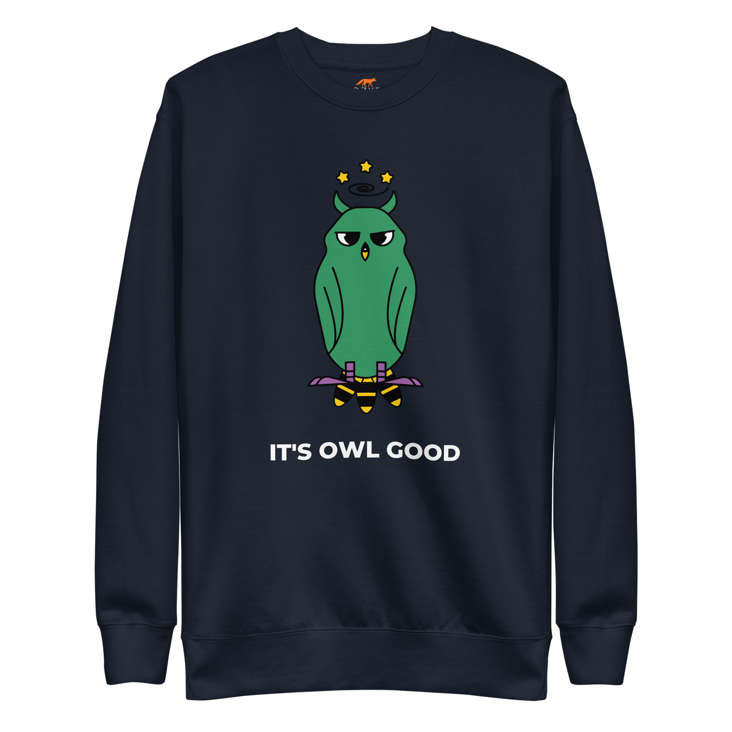 Navy Blazer Premium Owl Sweatshirt featuring a hootin' cool It's Owl Good graphic on the chest - Funny Graphic Owl Sweatshirts - Boozy Fox