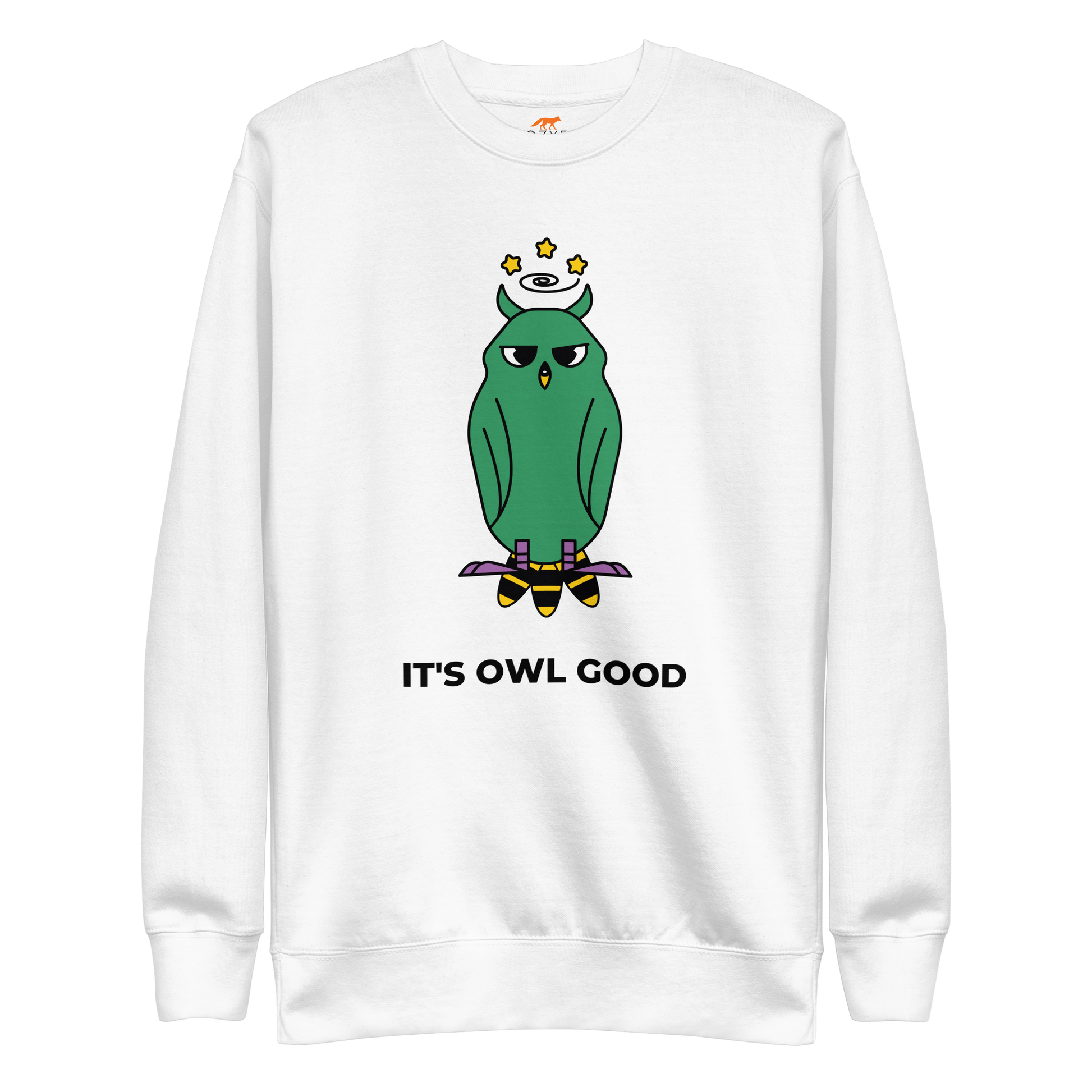 White Premium Owl Sweatshirt featuring a hootin' cool It's Owl Good graphic on the chest - Funny Graphic Owl Sweatshirts - Boozy Fox