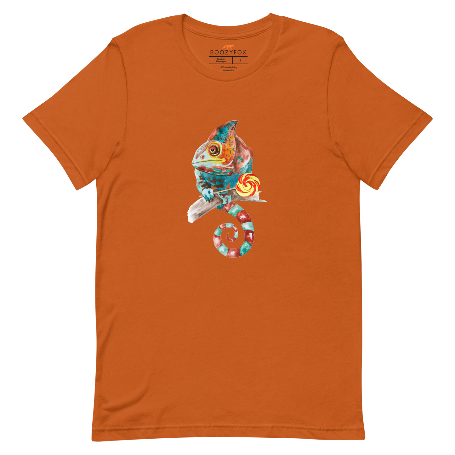 Autumn Colored Premium Chameleon T-Shirt featuring a charming Chameleon With A Lollipop graphic on the chest - Cool Graphic Chameleon Tees - Boozy Fox