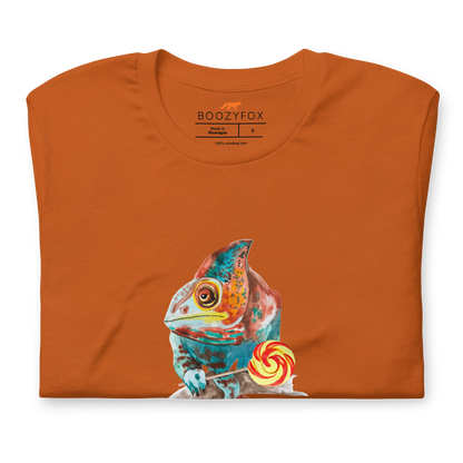 Front Details of a Autumn Colored Premium Chameleon T-Shirt featuring a charming Chameleon With A Lollipop graphic on the chest - Cool Graphic Chameleon Tees - Boozy Fox