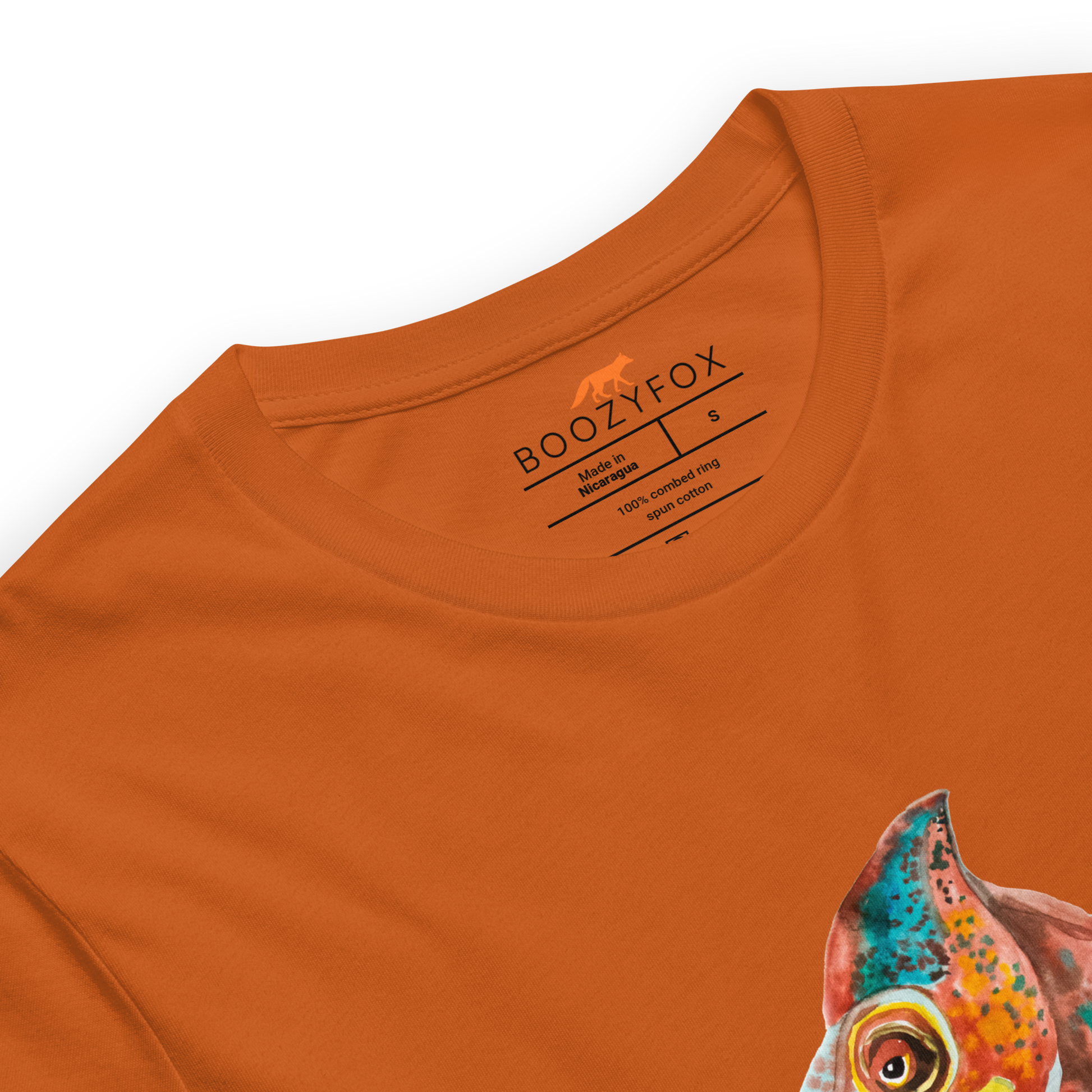 Product Details of a Autumn Colored Premium Chameleon T-Shirt featuring a charming Chameleon With A Lollipop graphic on the chest - Cool Graphic Chameleon Tees - Boozy Fox