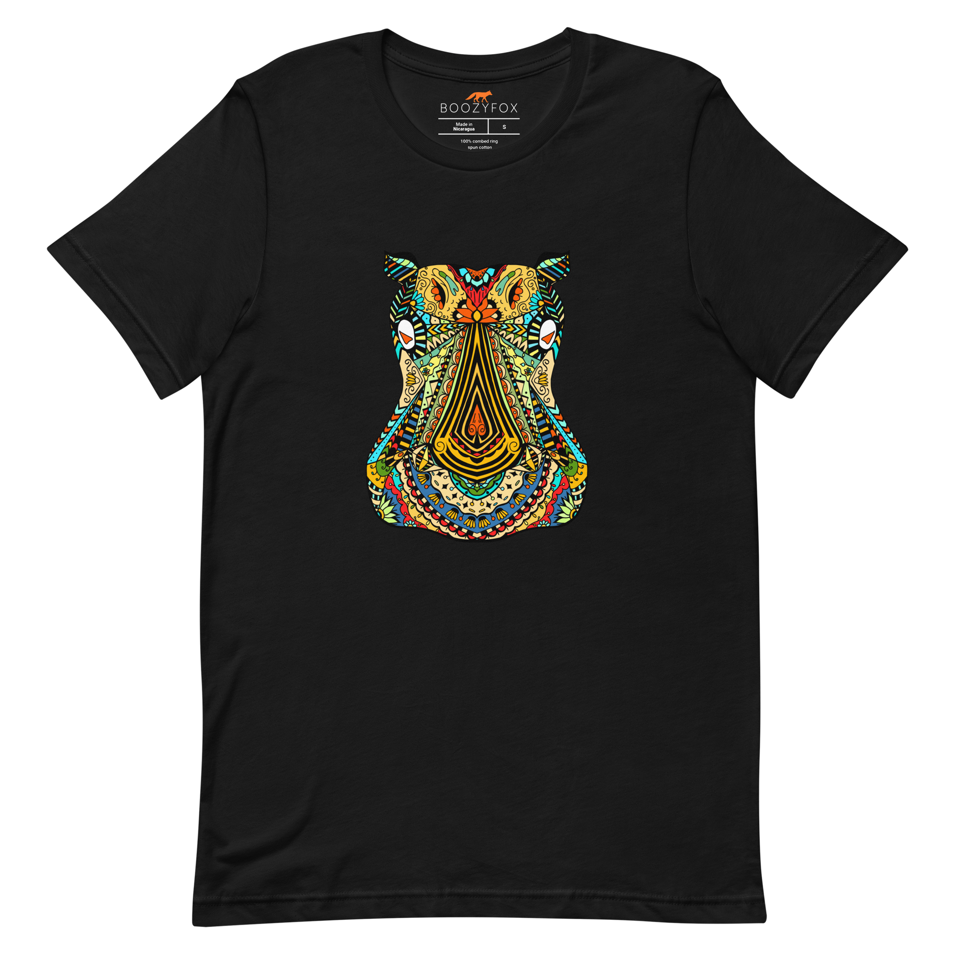 Black Premium Hippo T-Shirt featuring a mesmerizing Zentangle Hippo graphic on the chest - Cool Graphic Hippo Tees - Boozy Fox