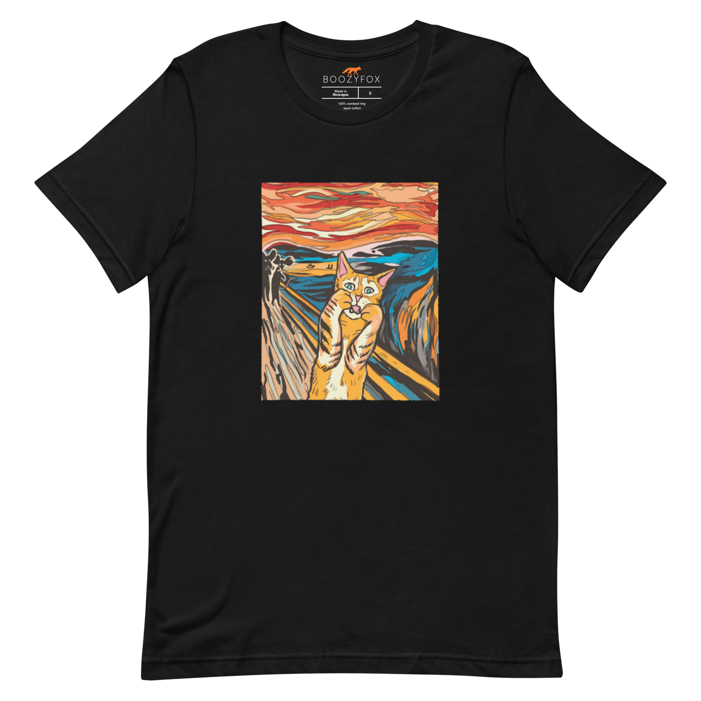 Black Premium Screaming Cat T-Shirt showcasing iconic The Screaming Cat graphic on the chest - Funny Graphic Cat Tees - Boozy Fox