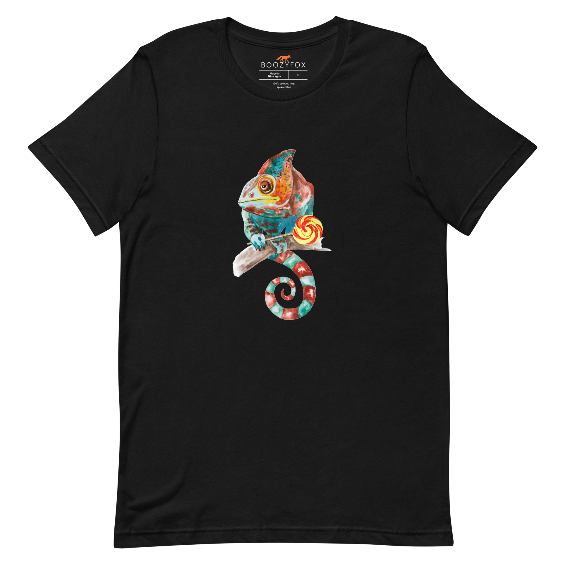 Black Premium Chameleon T-Shirt featuring a charming Chameleon With A Lollipop graphic on the chest - Cool Graphic Chameleon Tees - Boozy Fox