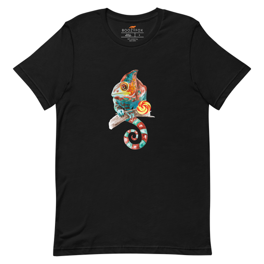 Black Premium Chameleon T-Shirt featuring a charming Chameleon With A Lollipop graphic on the chest - Cool Graphic Chameleon Tees - Boozy Fox