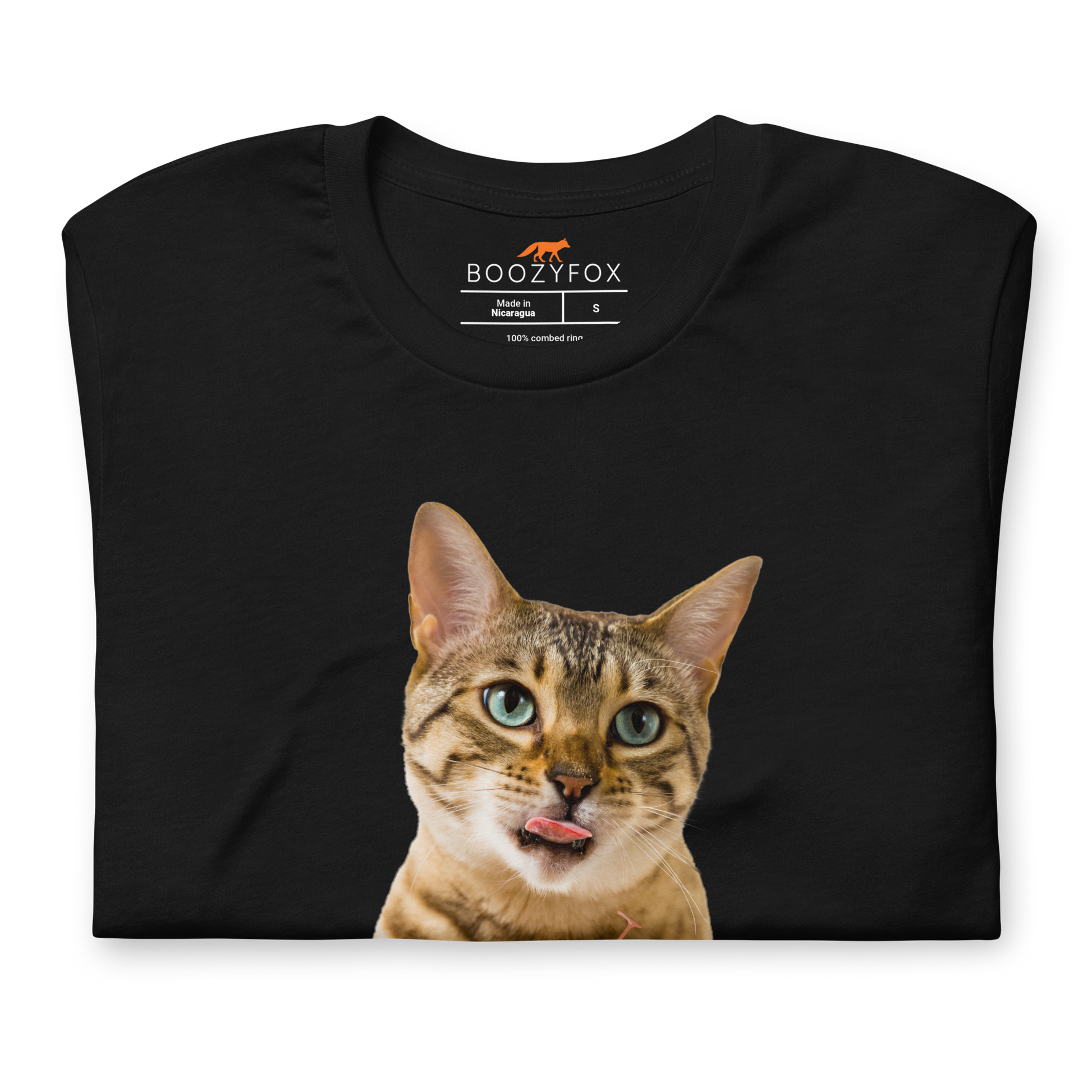 Front Details of a Black Premium Cat T-Shirt featuring a Purrfect graphic on the chest - Funny Graphic Cat Tees - Boozy Fox