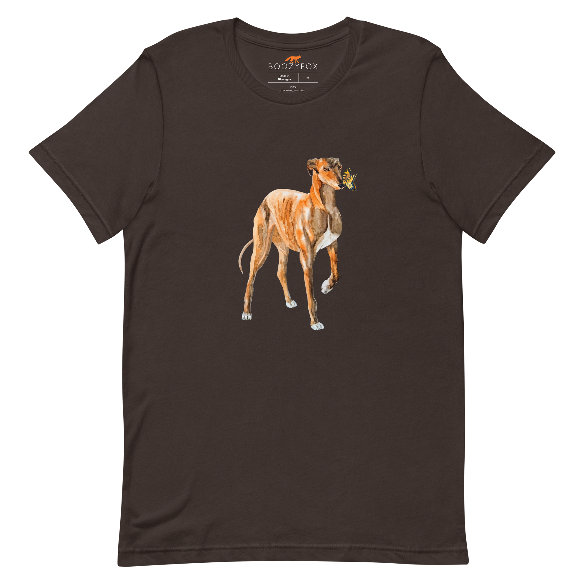 Brown Premium Greyhound T-Shirt featuring an adorable Greyhound And Butterfly graphic on the chest - Cute Graphic Greyhound Tees - Boozy Fox