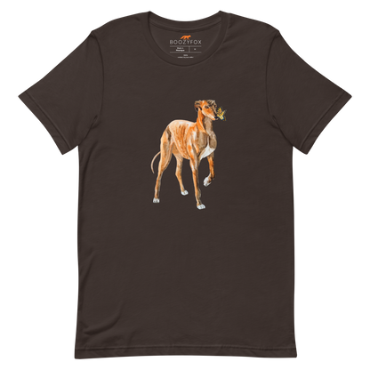 Brown Premium Greyhound T-Shirt featuring an adorable Greyhound And Butterfly graphic on the chest - Cute Graphic Greyhound Tees - Boozy Fox