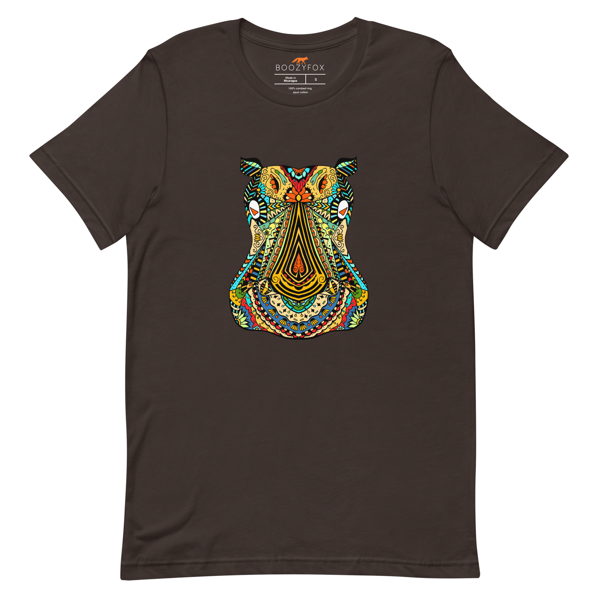Brown Premium Hippo T-Shirt featuring a mesmerizing Zentangle Hippo graphic on the chest - Cool Graphic Hippo Tees - Boozy Fox