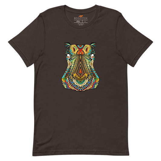 Brown Premium Hippo T-Shirt featuring a mesmerizing Zentangle Hippo graphic on the chest - Cool Graphic Hippo Tees - Boozy Fox