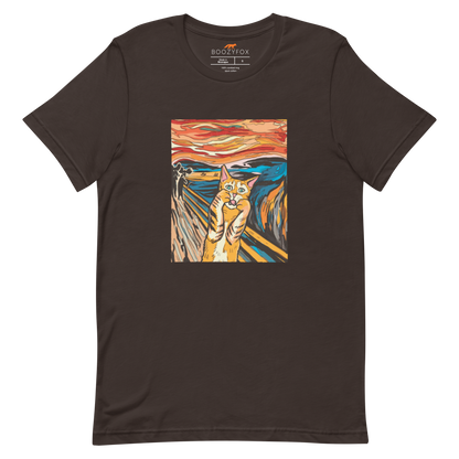 Brown Premium Screaming Cat T-Shirt showcasing iconic The Screaming Cat graphic on the chest - Funny Graphic Cat Tees - Boozy Fox