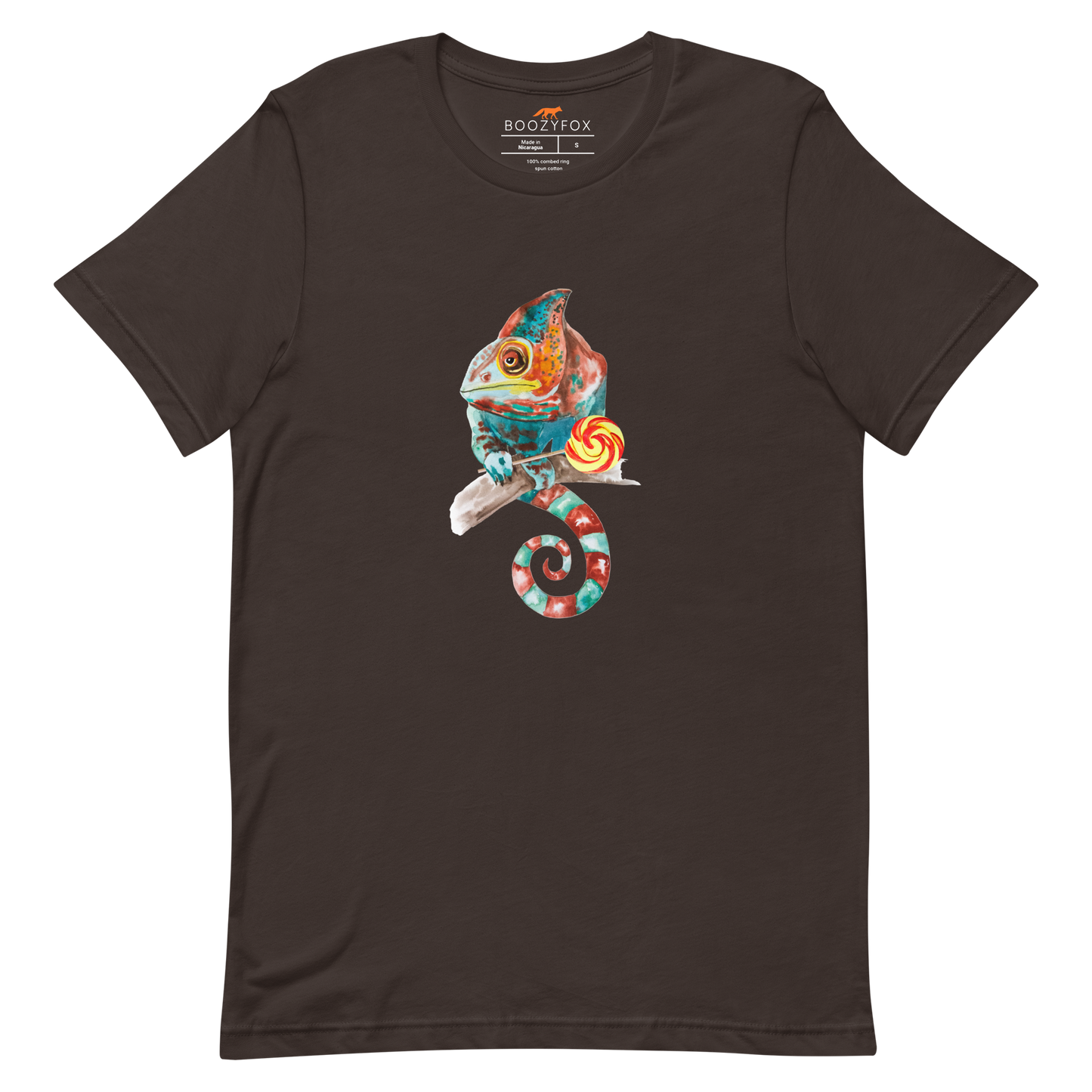 Brown Premium Chameleon T-Shirt featuring a charming Chameleon With A Lollipop graphic on the chest - Cool Graphic Chameleon Tees - Boozy Fox