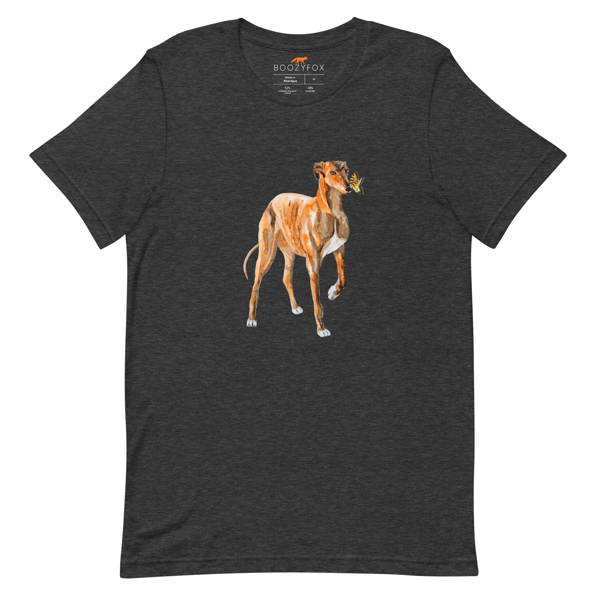 Dark Grey Heather Premium Greyhound T-Shirt featuring an adorable Greyhound And Butterfly graphic on the chest - Cute Graphic Greyhound Tees - Boozy Fox