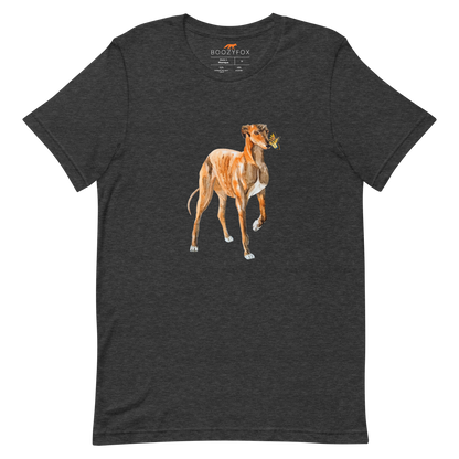 Dark Grey Heather Premium Greyhound T-Shirt featuring an adorable Greyhound And Butterfly graphic on the chest - Cute Graphic Greyhound Tees - Boozy Fox