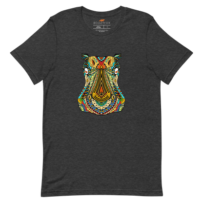 Dark Grey Heather Premium Hippo T-Shirt featuring a mesmerizing Zentangle Hippo graphic on the chest - Cool Graphic Hippo Tees - Boozy Fox