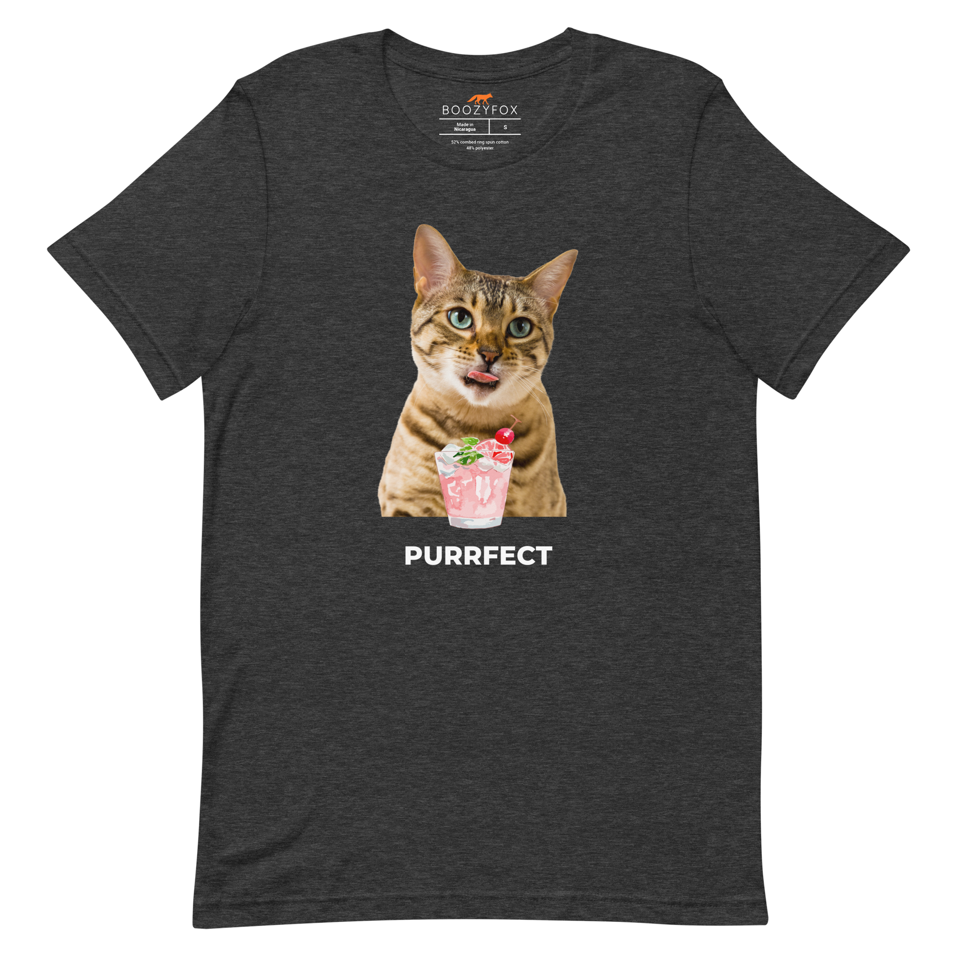 Dark Grey Heather Premium Cat T-Shirt featuring a Purrfect graphic on the chest - Funny Graphic Cat Tees - Boozy Fox