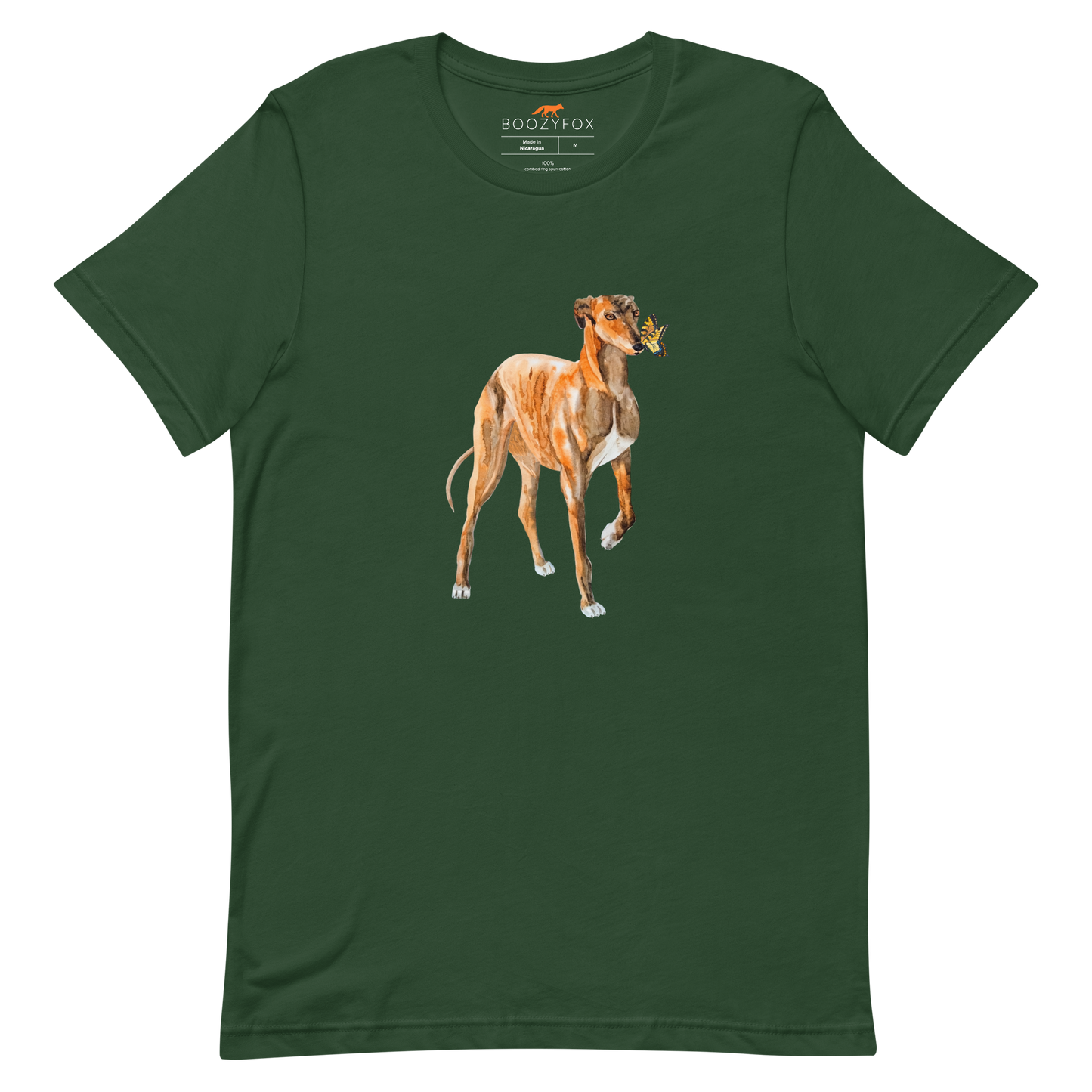 Forest Green Premium Greyhound T-Shirt featuring an adorable Greyhound And Butterfly graphic on the chest - Cute Graphic Greyhound Tees - Boozy Fox