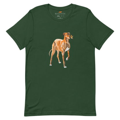 Forest Green Premium Greyhound T-Shirt featuring an adorable Greyhound And Butterfly graphic on the chest - Cute Graphic Greyhound Tees - Boozy Fox