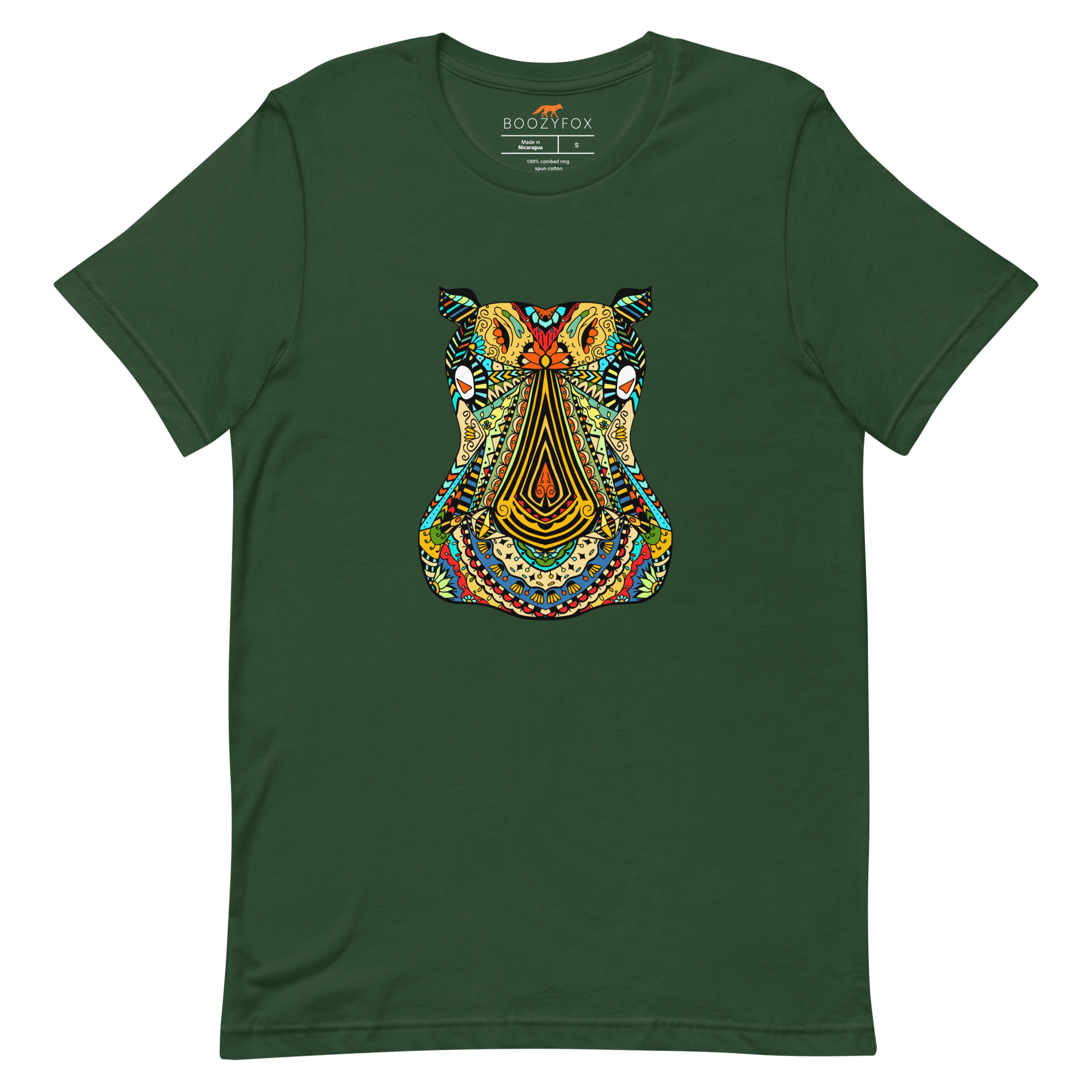 Forest Green Premium Hippo T-Shirt featuring a mesmerizing Zentangle Hippo graphic on the chest - Cool Graphic Hippo Tees - Boozy Fox