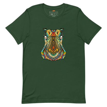 Forest Green Premium Hippo T-Shirt featuring a mesmerizing Zentangle Hippo graphic on the chest - Cool Graphic Hippo Tees - Boozy Fox