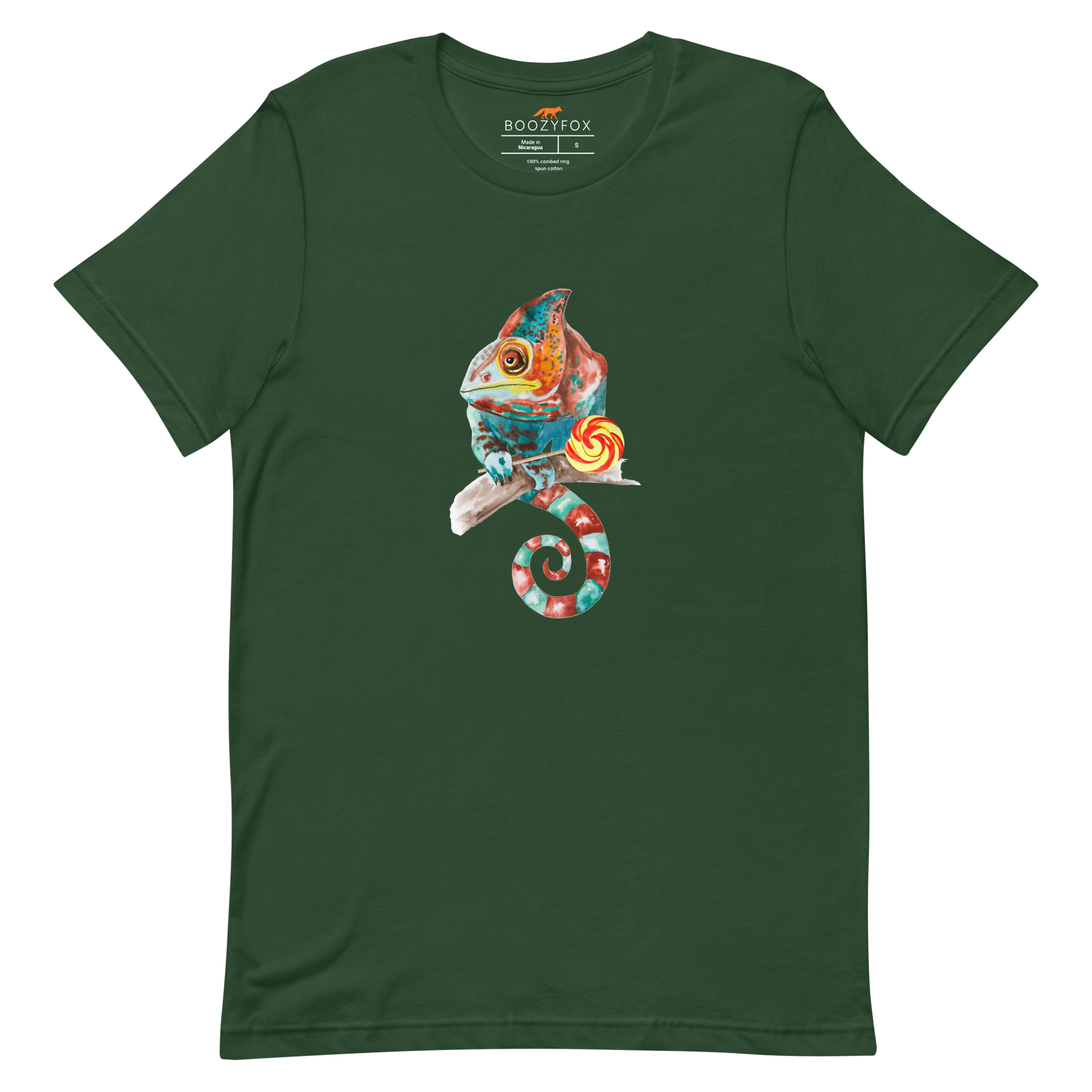 Forest Green Premium Chameleon T-Shirt featuring a charming Chameleon With A Lollipop graphic on the chest - Cool Graphic Chameleon Tees - Boozy Fox