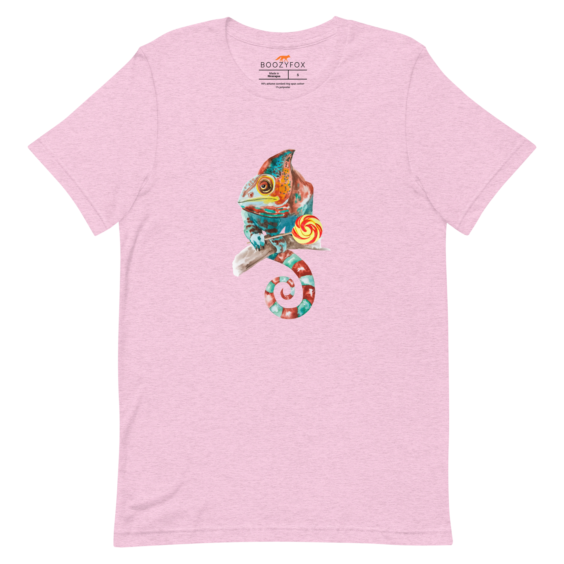 Heather Prism Lilac Premium Chameleon T-Shirt featuring a charming Chameleon With A Lollipop graphic on the chest - Cool Graphic Chameleon Tees - Boozy Fox