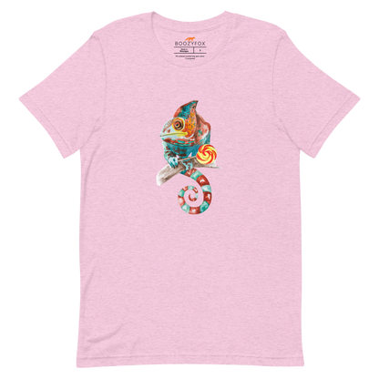 Heather Prism Lilac Premium Chameleon T-Shirt featuring a charming Chameleon With A Lollipop graphic on the chest - Cool Graphic Chameleon Tees - Boozy Fox