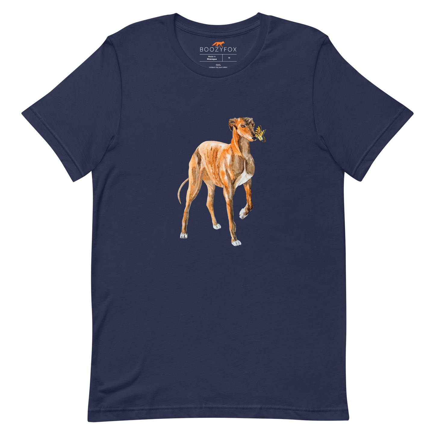 Navy Premium Greyhound T-Shirt featuring an adorable Greyhound And Butterfly graphic on the chest - Cute Graphic Greyhound Tees - Boozy Fox