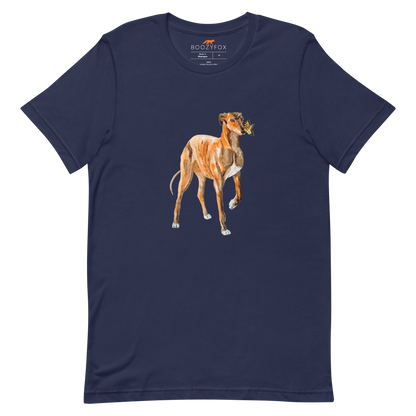 Navy Premium Greyhound T-Shirt featuring an adorable Greyhound And Butterfly graphic on the chest - Cute Graphic Greyhound Tees - Boozy Fox