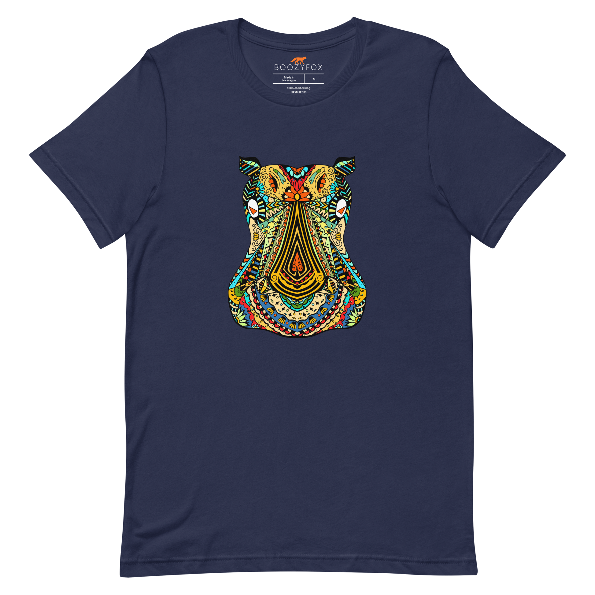 Navy Premium Hippo T-Shirt featuring a mesmerizing Zentangle Hippo graphic on the chest - Cool Graphic Hippo Tees - Boozy Fox