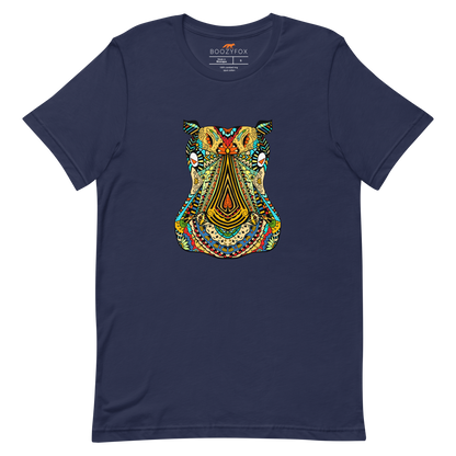 Navy Premium Hippo T-Shirt featuring a mesmerizing Zentangle Hippo graphic on the chest - Cool Graphic Hippo Tees - Boozy Fox