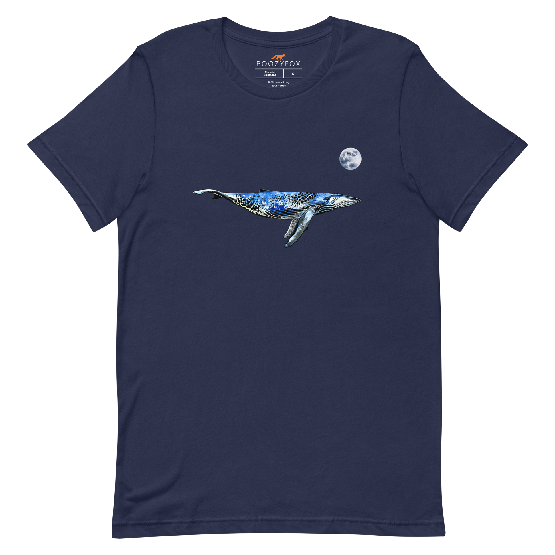 Navy Premium Whale T-Shirt featuring majestic Whale Under The Moon graphic on the chest - Cool Graphic Whale Tees - Boozy Fox