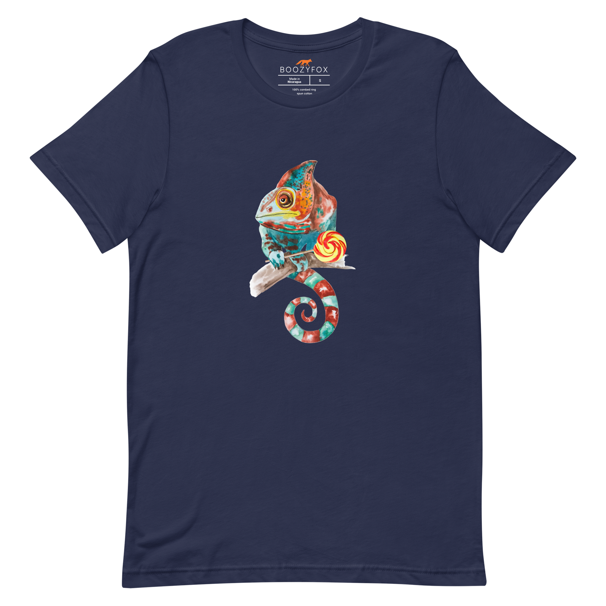 Navy Premium Chameleon T-Shirt featuring a charming Chameleon With A Lollipop graphic on the chest - Cool Graphic Chameleon Tees - Boozy Fox