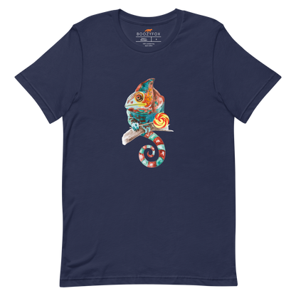 Navy Premium Chameleon T-Shirt featuring a charming Chameleon With A Lollipop graphic on the chest - Cool Graphic Chameleon Tees - Boozy Fox