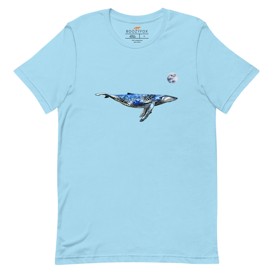Ocean Blue Premium Whale T-Shirt featuring majestic Whale Under The Moon graphic on the chest - Cool Graphic Whale Tees - Boozy Fox