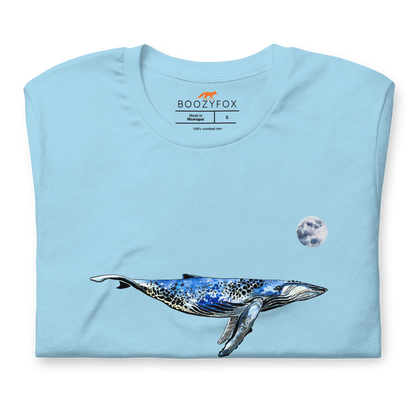 Front Details of a Ocean Blue Premium Whale T-Shirt featuring majestic Whale Under The Moon graphic on the chest - Cool Graphic Whale Tees - Boozy Fox