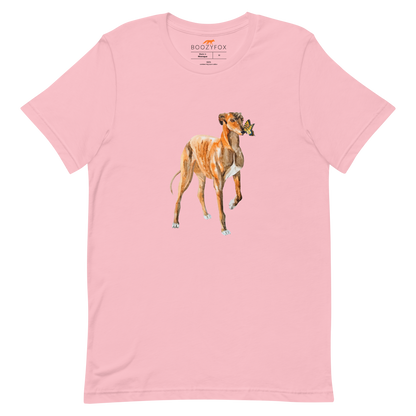 Pink Premium Greyhound T-Shirt featuring an adorable Greyhound And Butterfly graphic on the chest - Cute Graphic Greyhound Tees - Boozy Fox