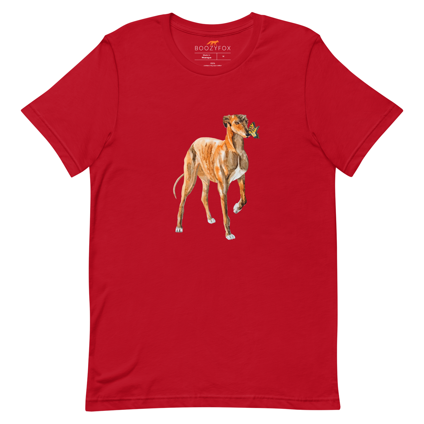 Red Premium Greyhound T-Shirt featuring an adorable Greyhound And Butterfly graphic on the chest - Cute Graphic Greyhound Tees - Boozy Fox