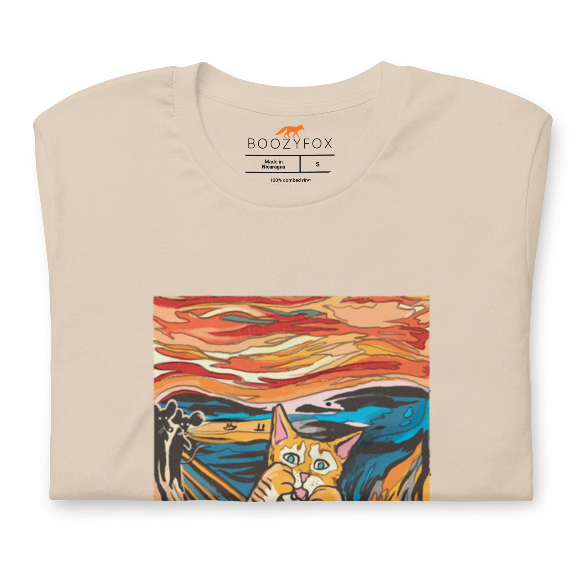 Front details of a Soft Cream Premium Screaming Cat T-Shirt showcasing iconic The Screaming Cat graphic on the chest - Funny Graphic Cat Tees - Boozy Fox